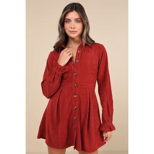Lulus Autumn Mood Rust Red Corduroy Mini Dress With Pockets - Size L